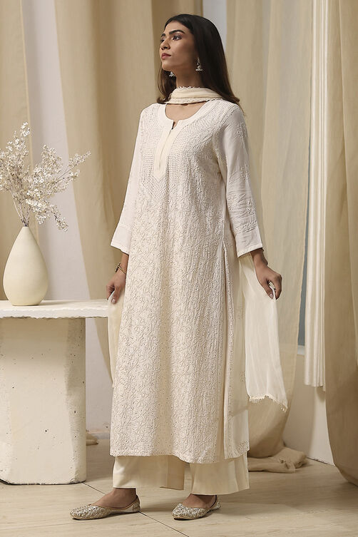 Off-White Modal Chikankari Straight Suit Set image number 3