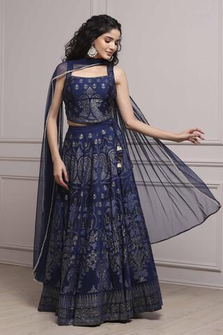 BIBA Blue Fitted Printed Lightweight Lehenga Set in Blue