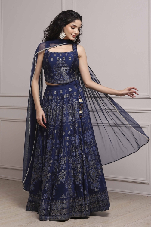 Blue Fitted Printed Lightweight Lehenga Set image number 0