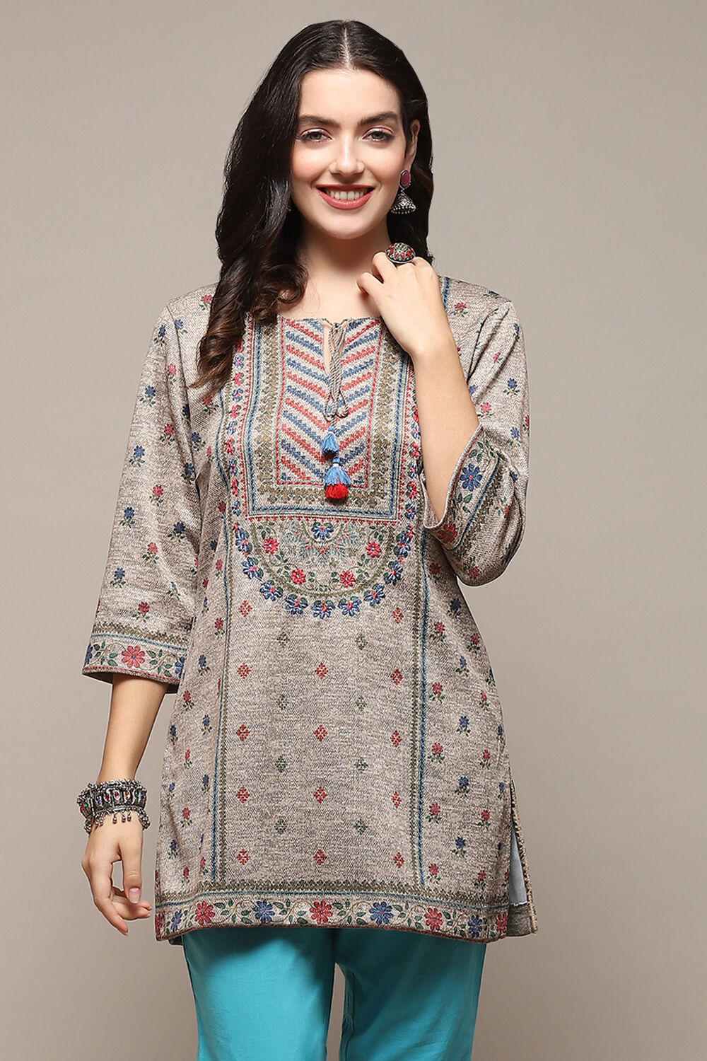 Melange Black Poly Cotton Straight Printed Kurti image number 5