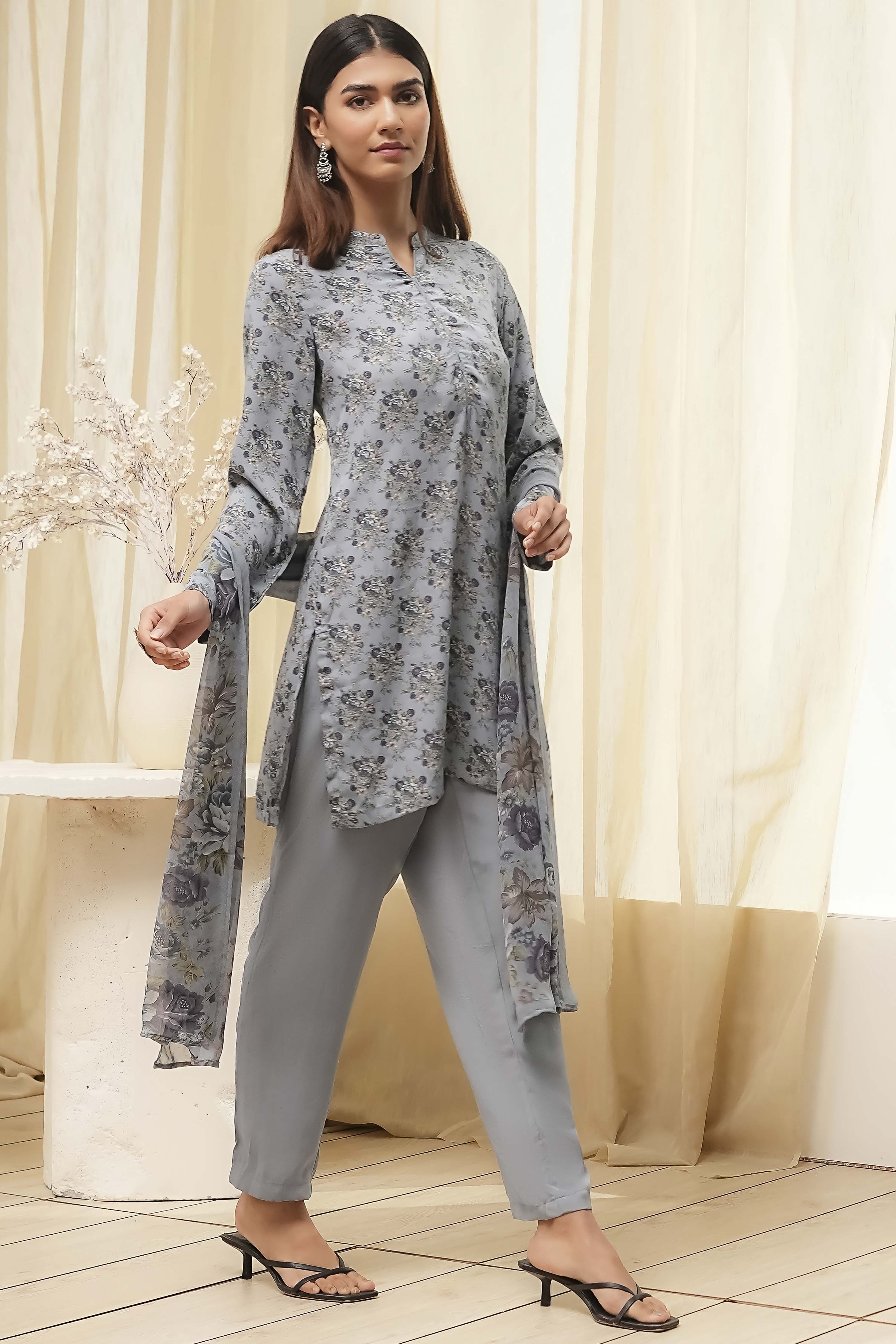 Grey Art Silk Straight Suit Set image number 5