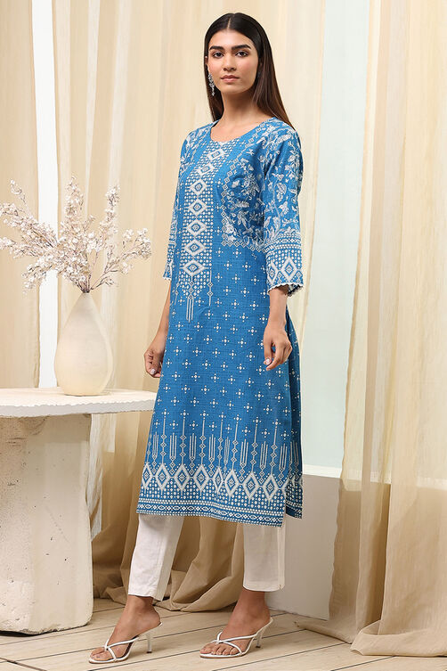 Blue Cotton Printed Straight Kurta image number 2