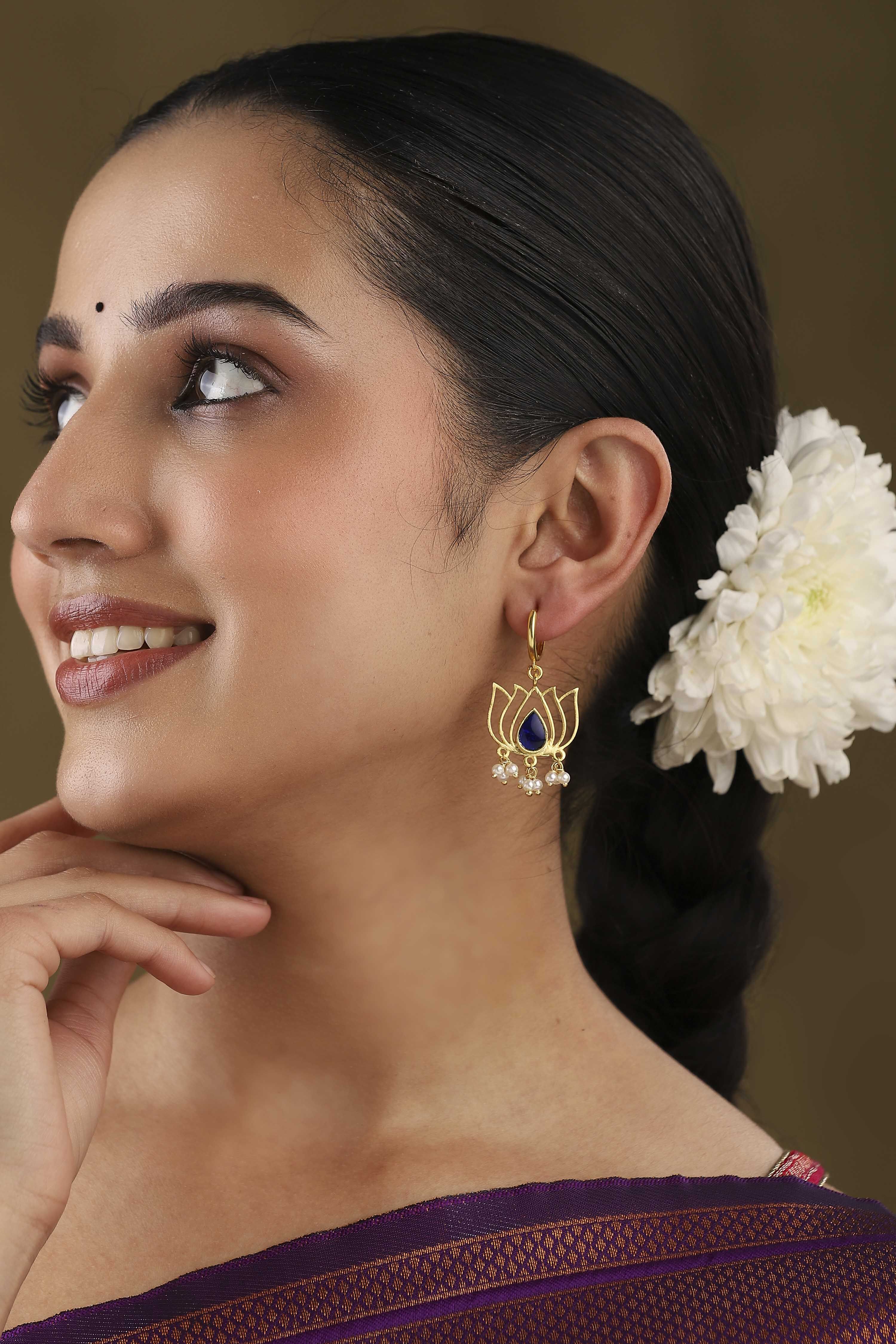 Navy Blue Gold Plated Brass Floral Drop Earrings image number 3