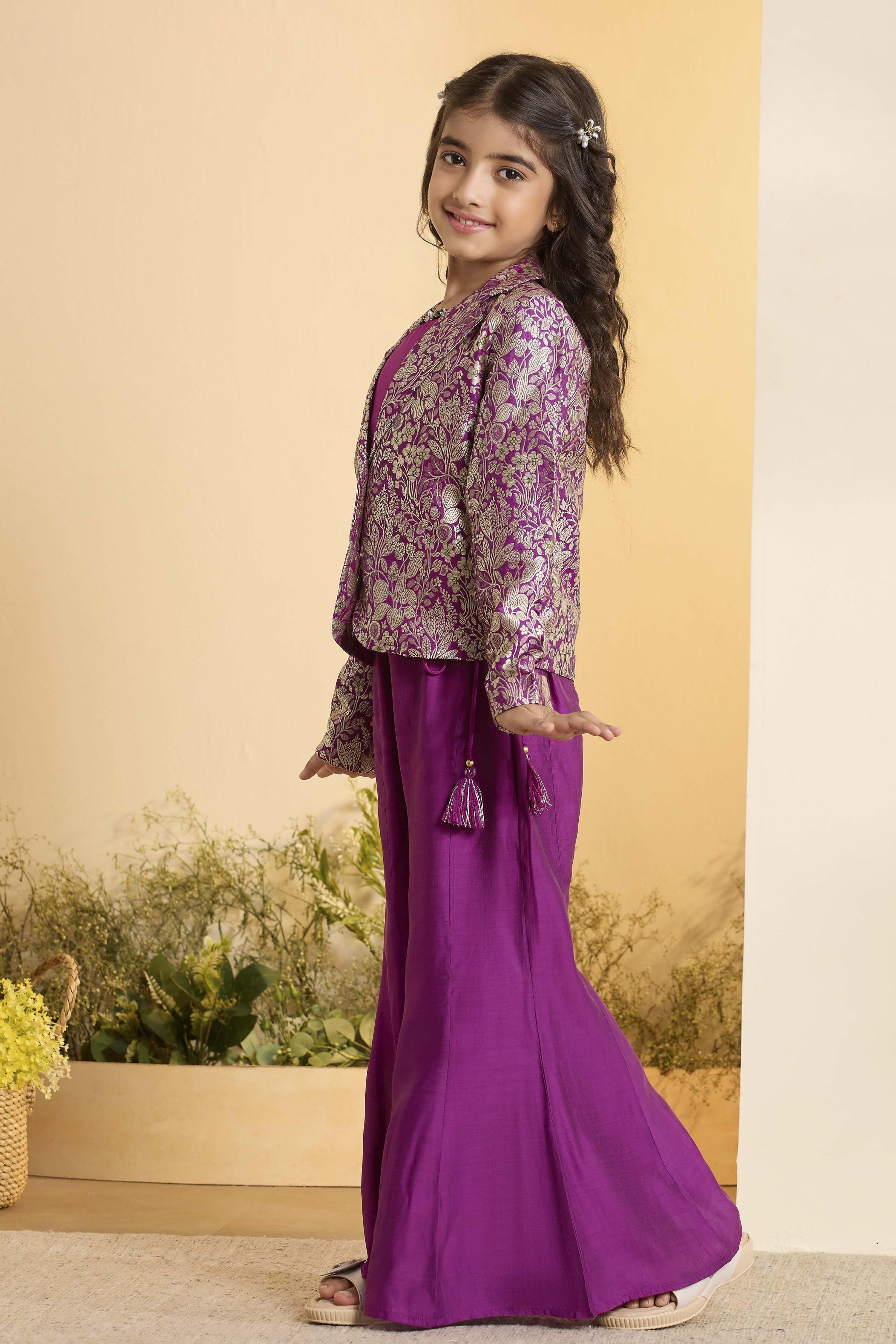 Purple Viscose Rayon Floral 3 Piece Co-ord Set image number 3