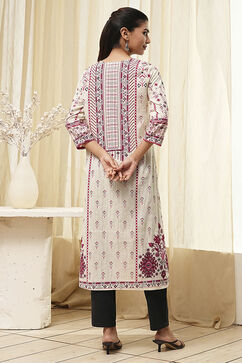 Off-White and Pink Cotton Straight Kurta image number 3