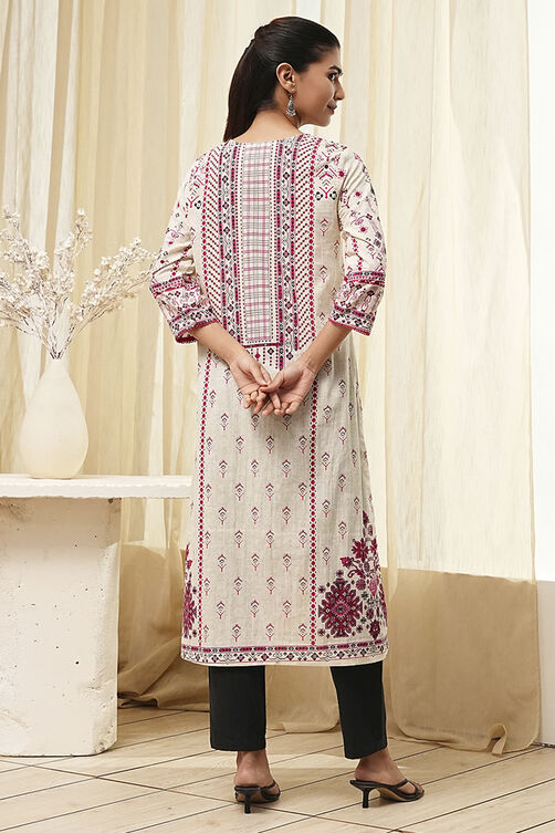 Off-White and Blue Cotton Straight Kurta image number 3