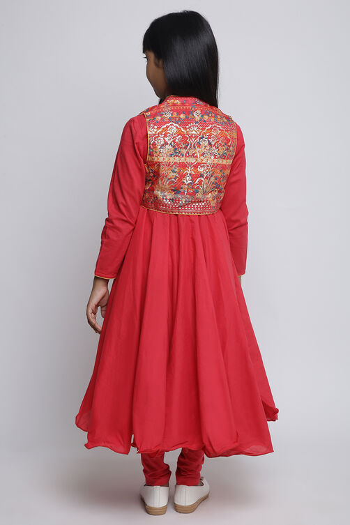 Red Cotton Anarkali Kurta Churidar Suit Set image number 6