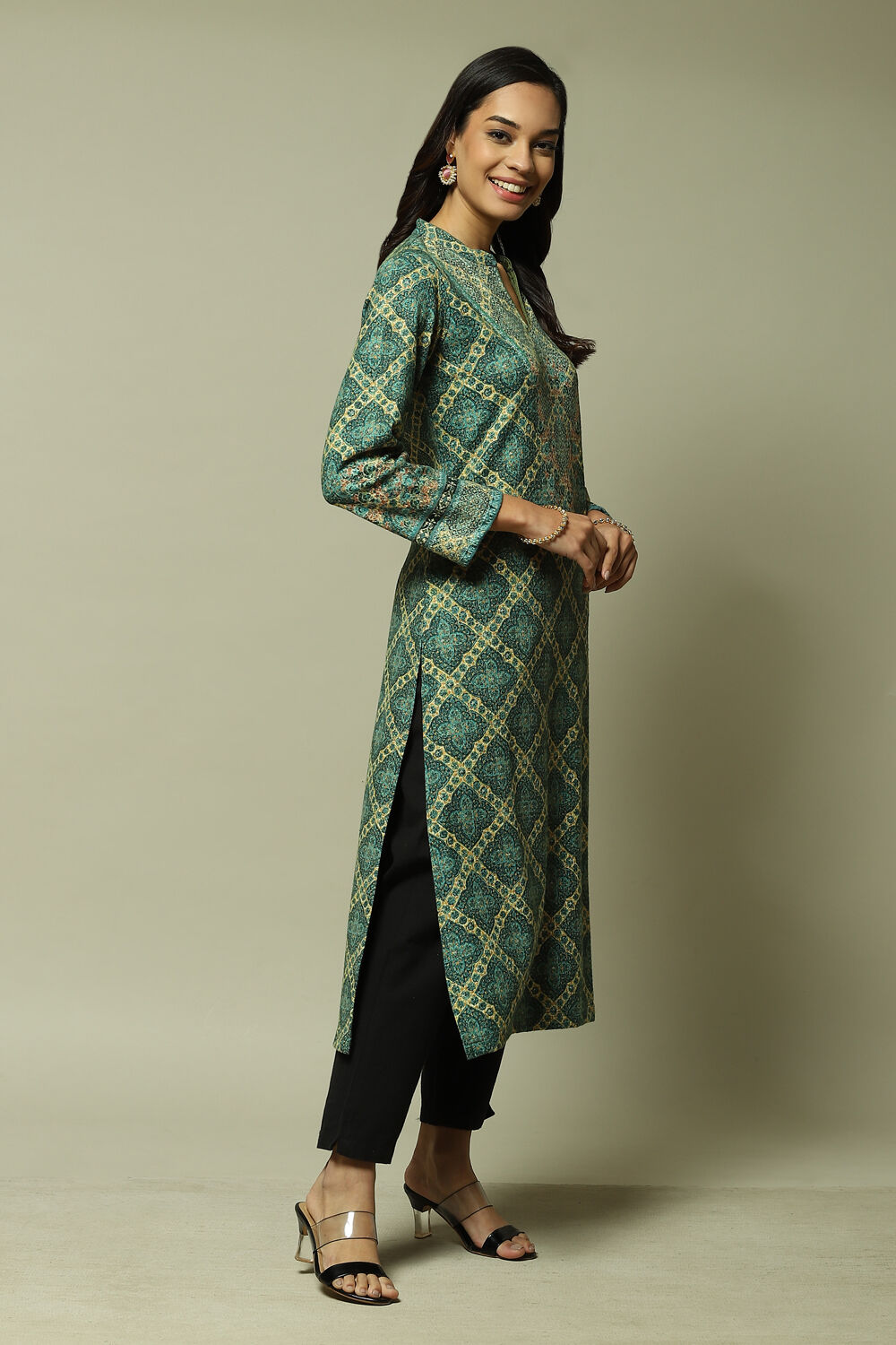 Orange Acrylic Straight Printed Kurta image number 2