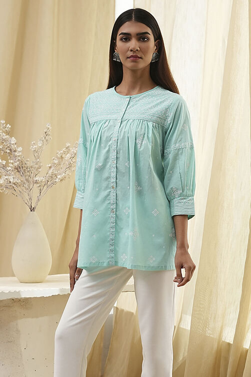 Aqua Cotton Straight Shirt-Style Short Kurta image number 2