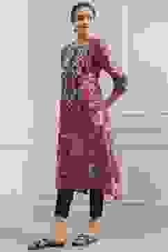 Pink Cotton Printed Straight Kurta image number 2