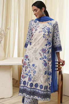 Off-White and Blue Cotton Straight Suit Set image number 7