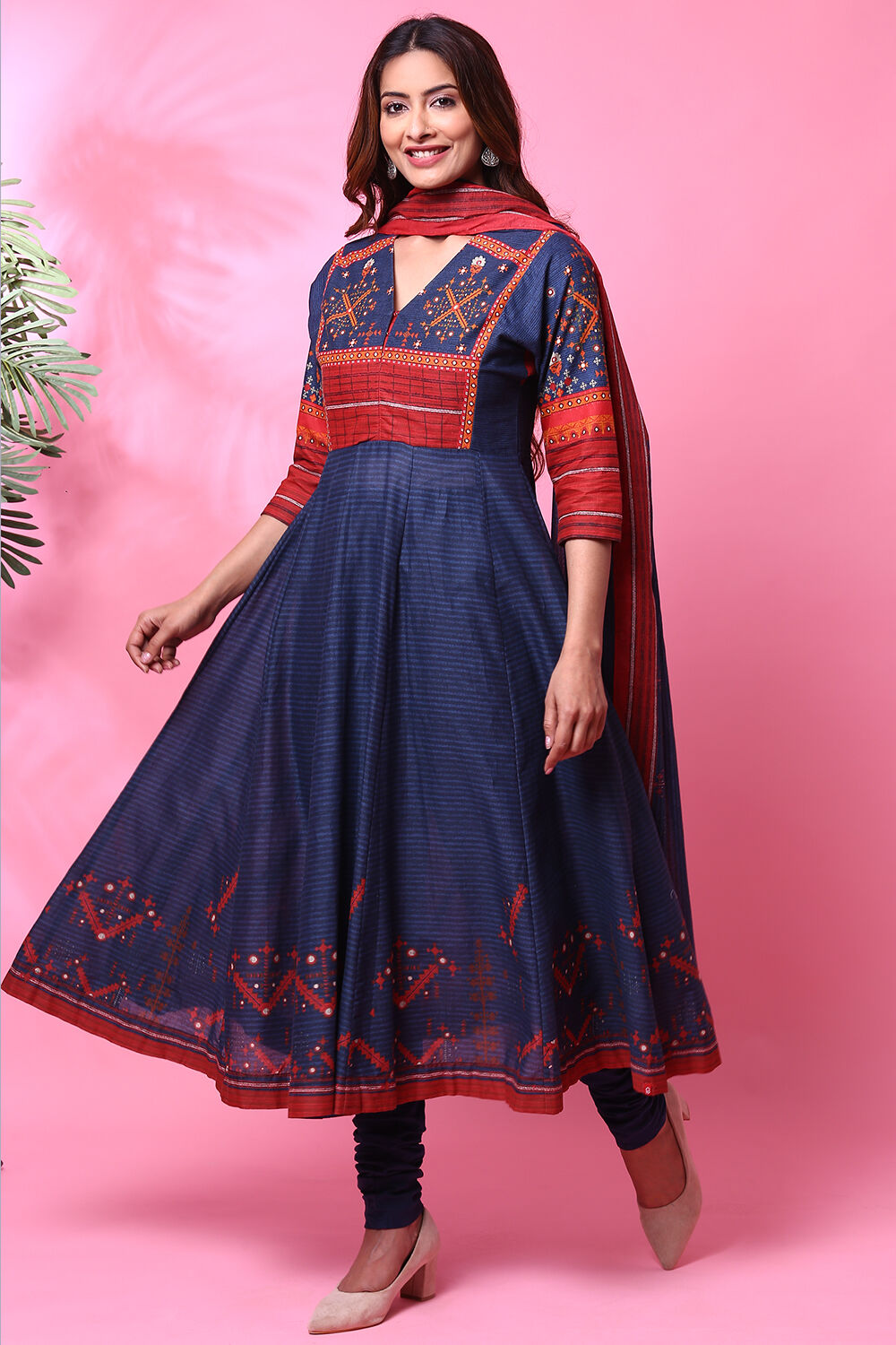 Blue Cotton Anarkali Kurta Churidar Suit Set image number 2