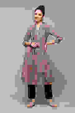 Peach & Blue Polyester Straight Printed Kurta image number 6