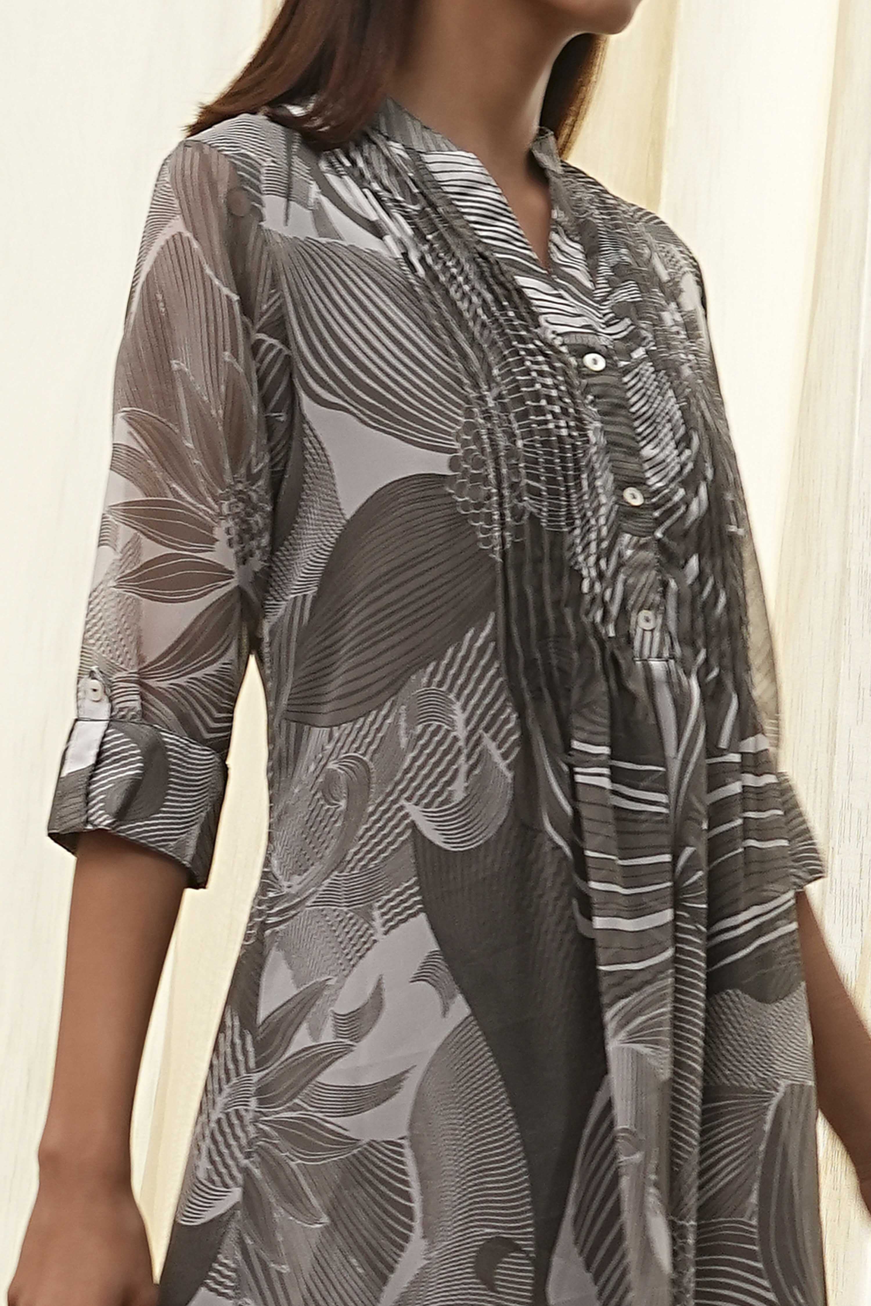 Grey Printed Pleated A-Line Kurta image number 1