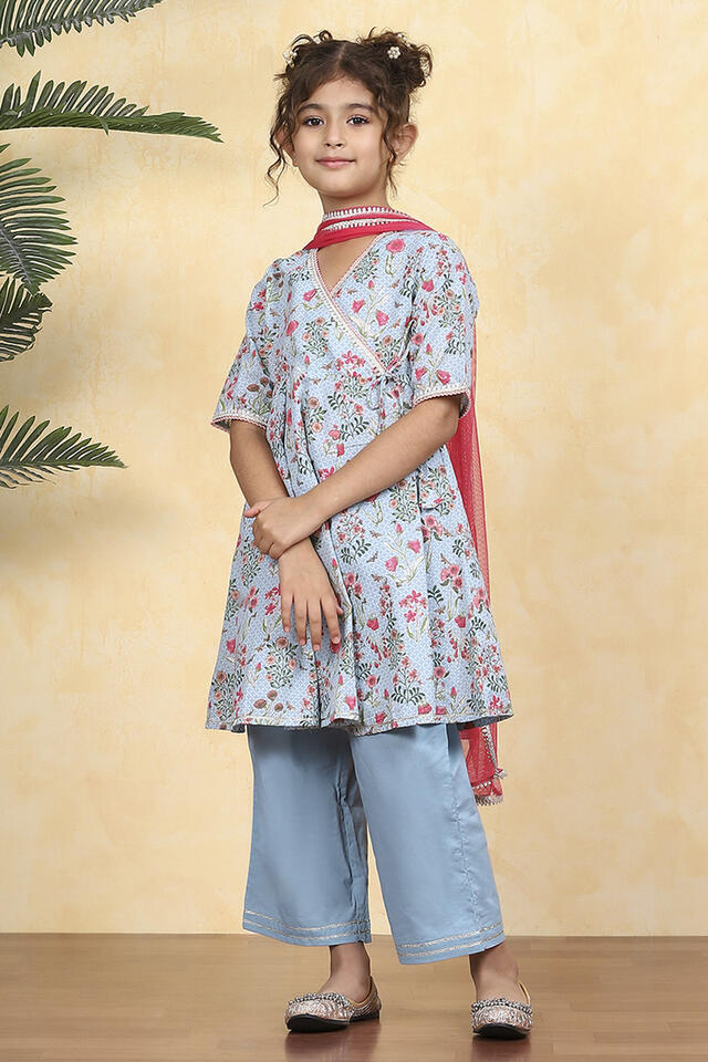 BIBA Blue Cotton Printed Anarkali Suit Set in Sky Blue