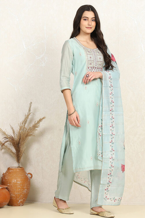 Blue Chanderi Machine Embroidered Unstitched Suit Set image number 6