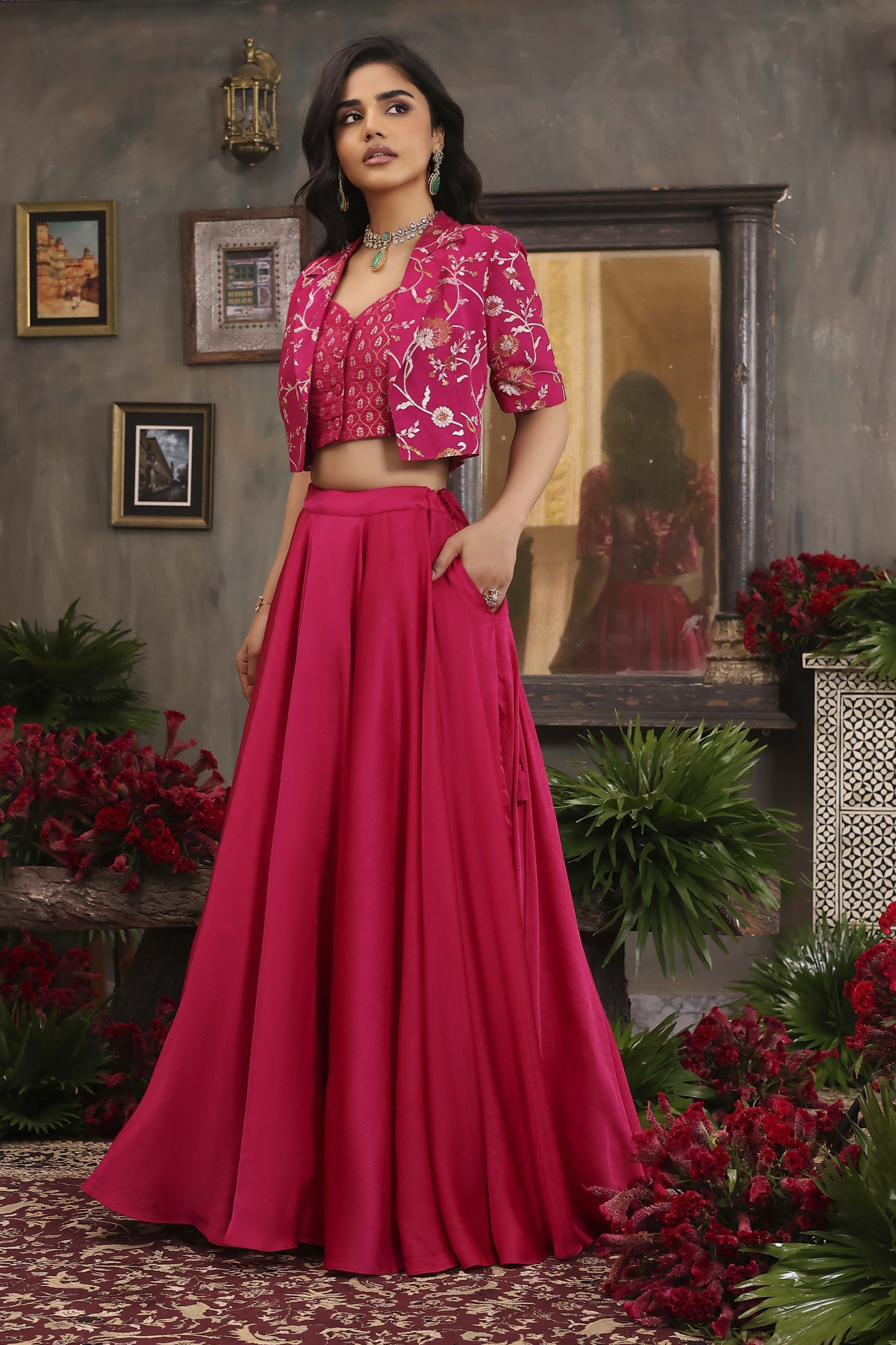 Fuschia Viscose Rayon Straight Skirt Set image number 3