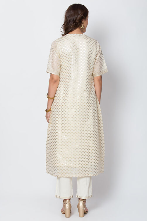 Cream Poly Cotton Front Open Kurta Pant Suit Set image number 5