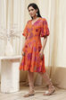 Orange Floral Printed Flared Dress image number 2