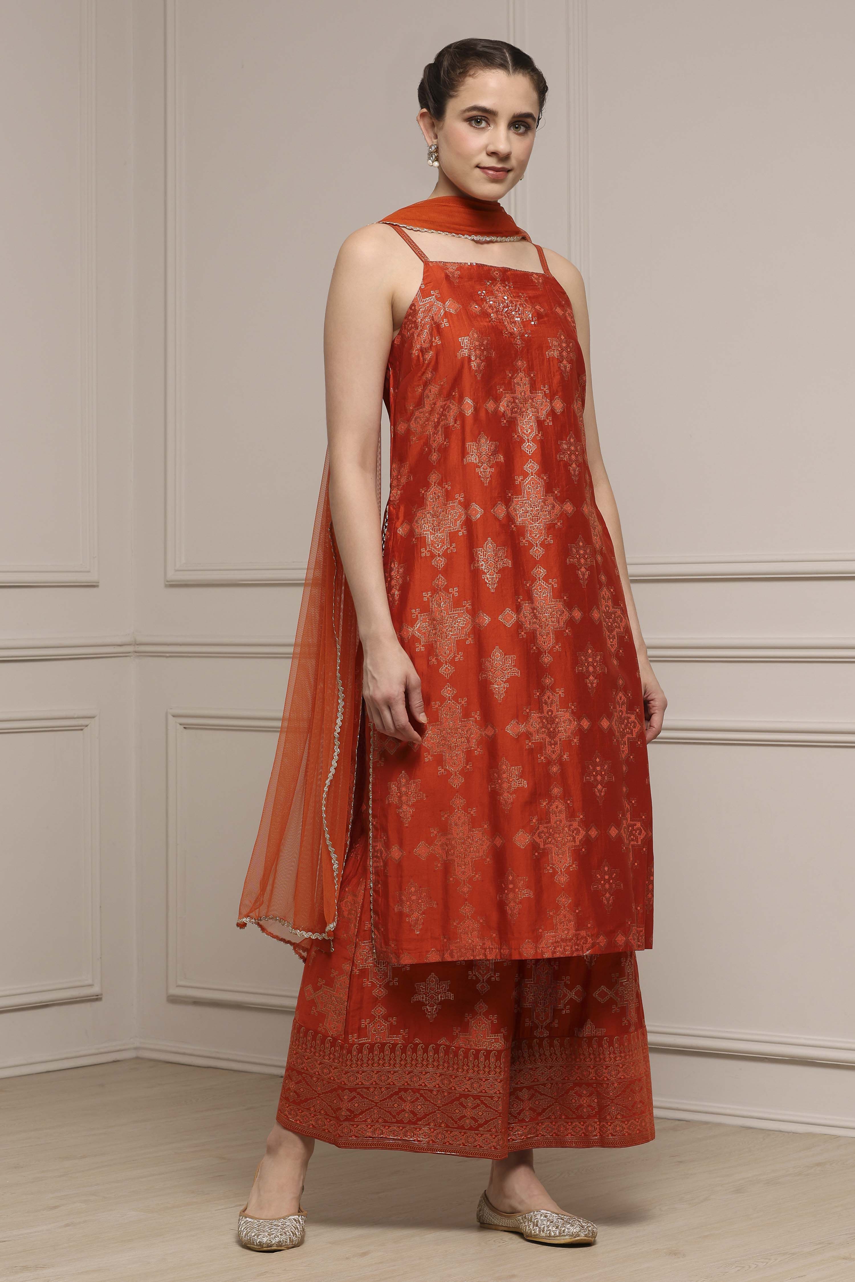 Orange Viscose Blend Straight Printed Suit Set image number 5