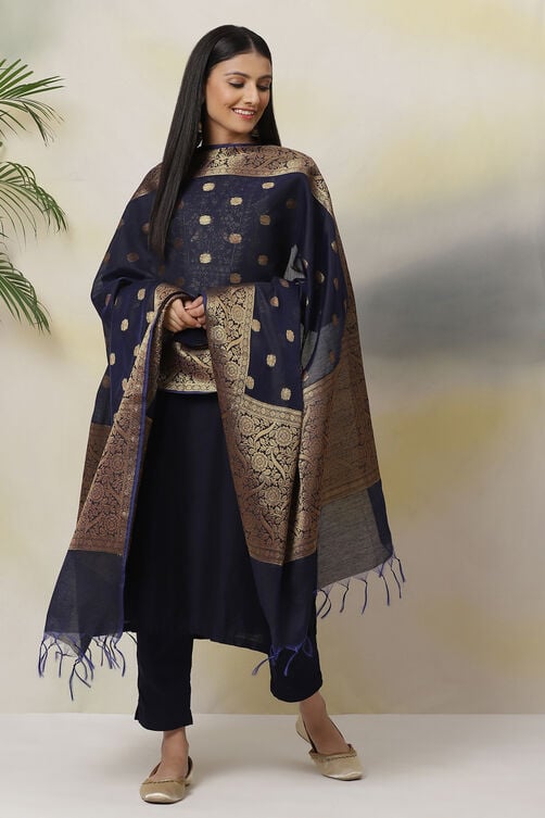 Navy Blue Poly Viscose Straight Kurta Slim Pant Suit Set image number 5