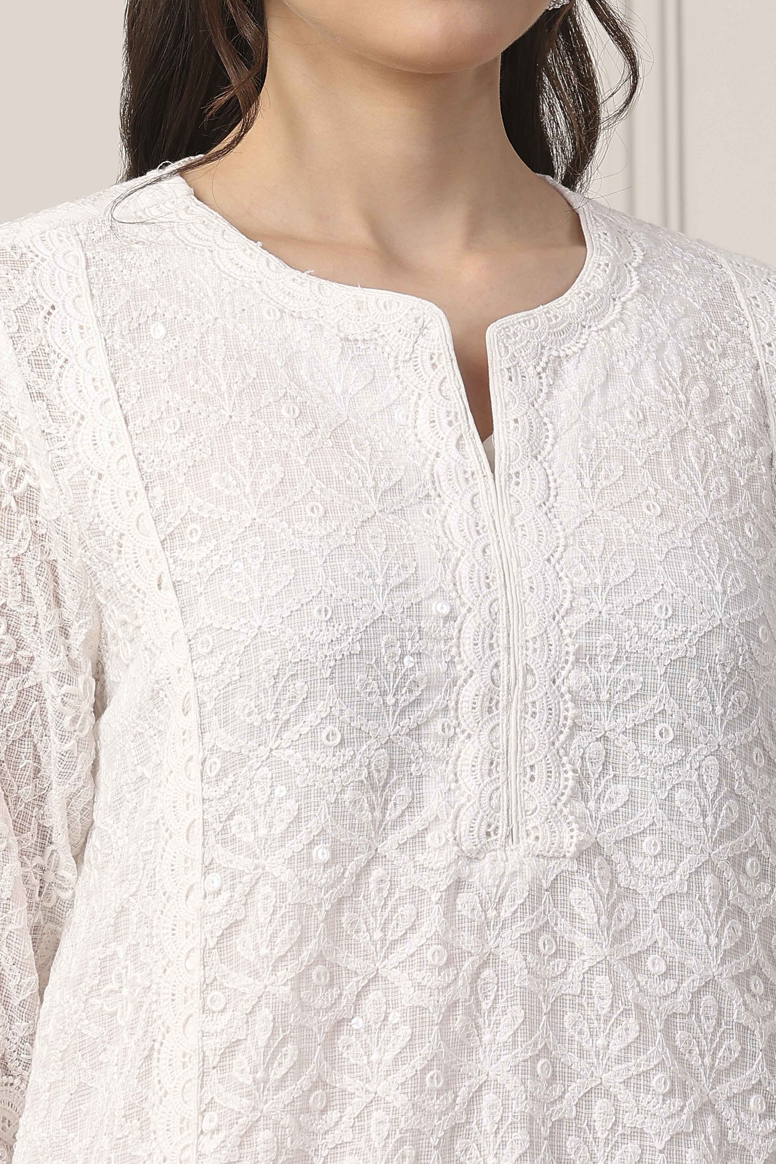 White Cotton Lace Embroidered Straight Suit Set image number 1