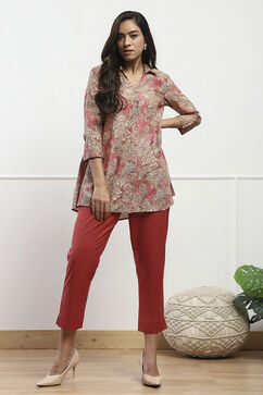 Rust Cotton Flax Slim Solid Pants image number 0