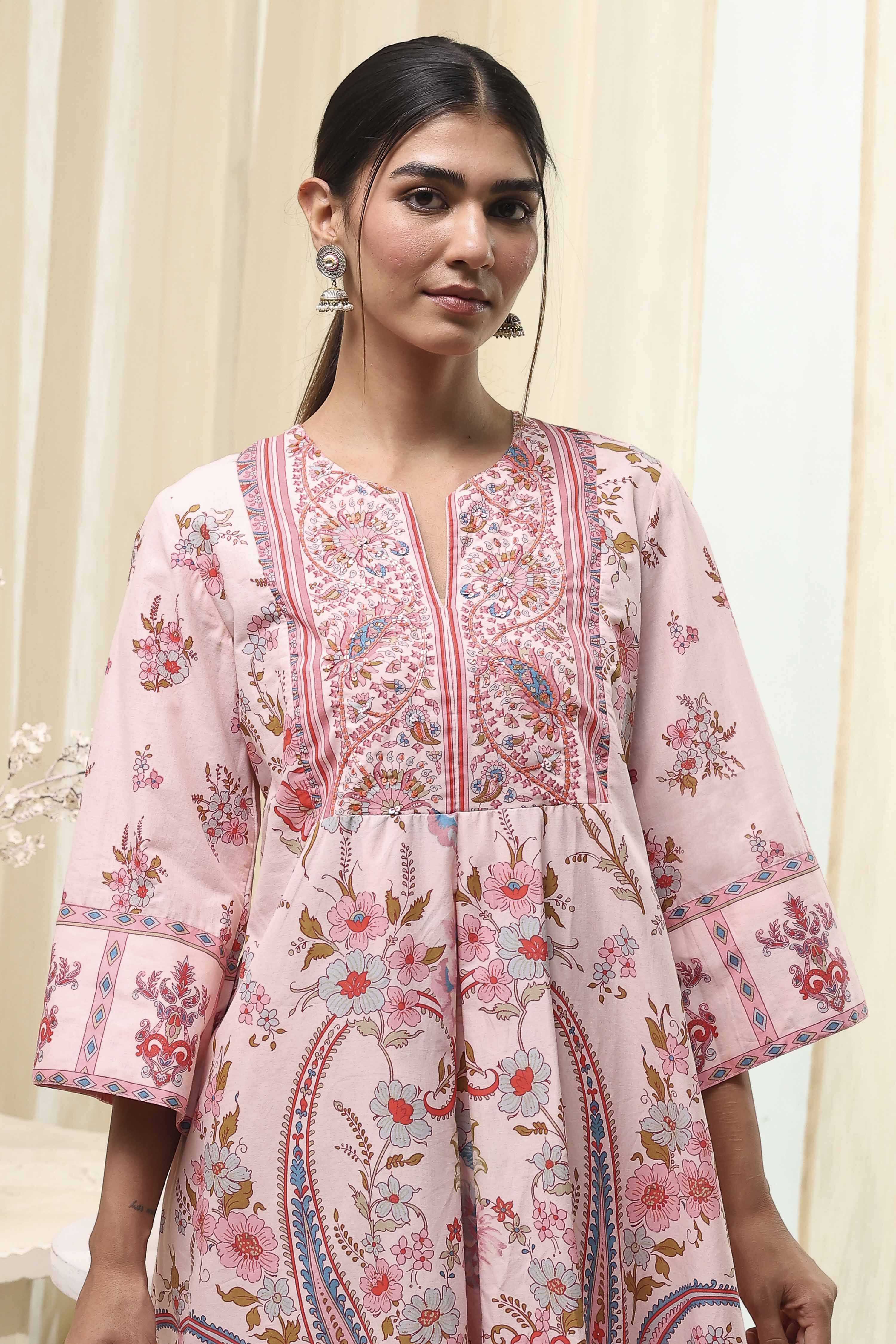 Peach-Colored Cotton Floral A-Line Kurta Set image number 1