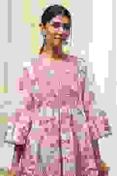 Peach-Colored Cotton Floral A-Line Kurta Set image number 1