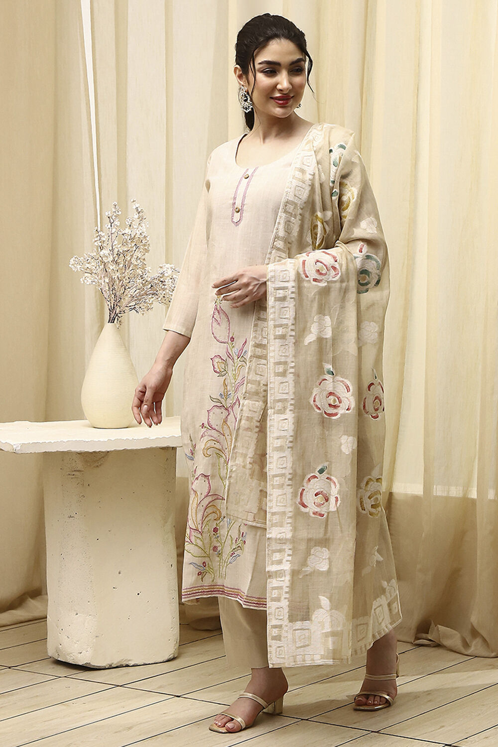 Beige Chanderi Hand Painted Unstitched Suit Set image number 7