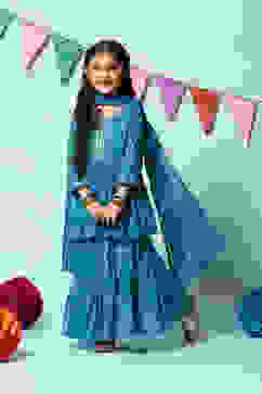 Teal Blue Cotton Flared Kurta Garara Suit Set image number 5