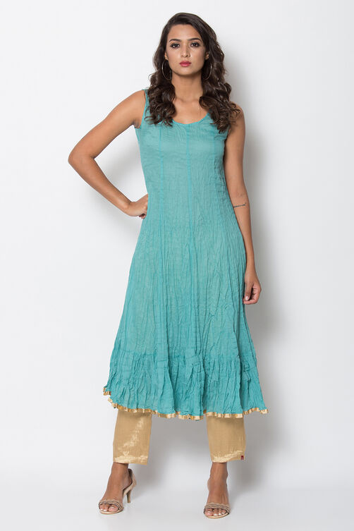 Peach Poly Metallic Cotton Flared Yarndyed Kurta image number 2