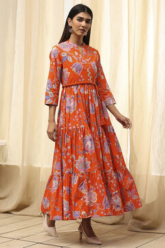 Orange Cotton Floral Tiered Dress image number 3