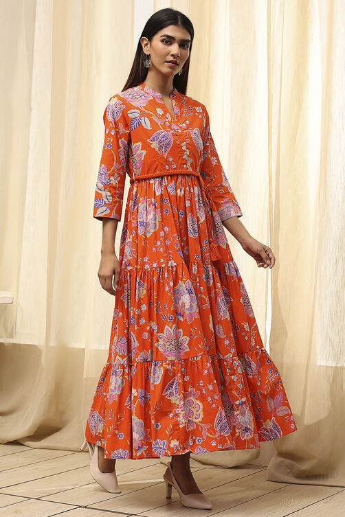 Earthy Blue Cotton Floral Tiered Dress image number 3