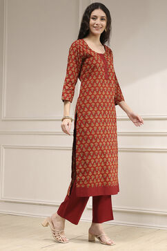 Red Cotton Screen Print Unstitched Suit Set image number 6