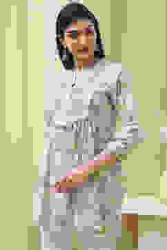 Ice Blue Cotton Floral Flared Short Kurta image number 1