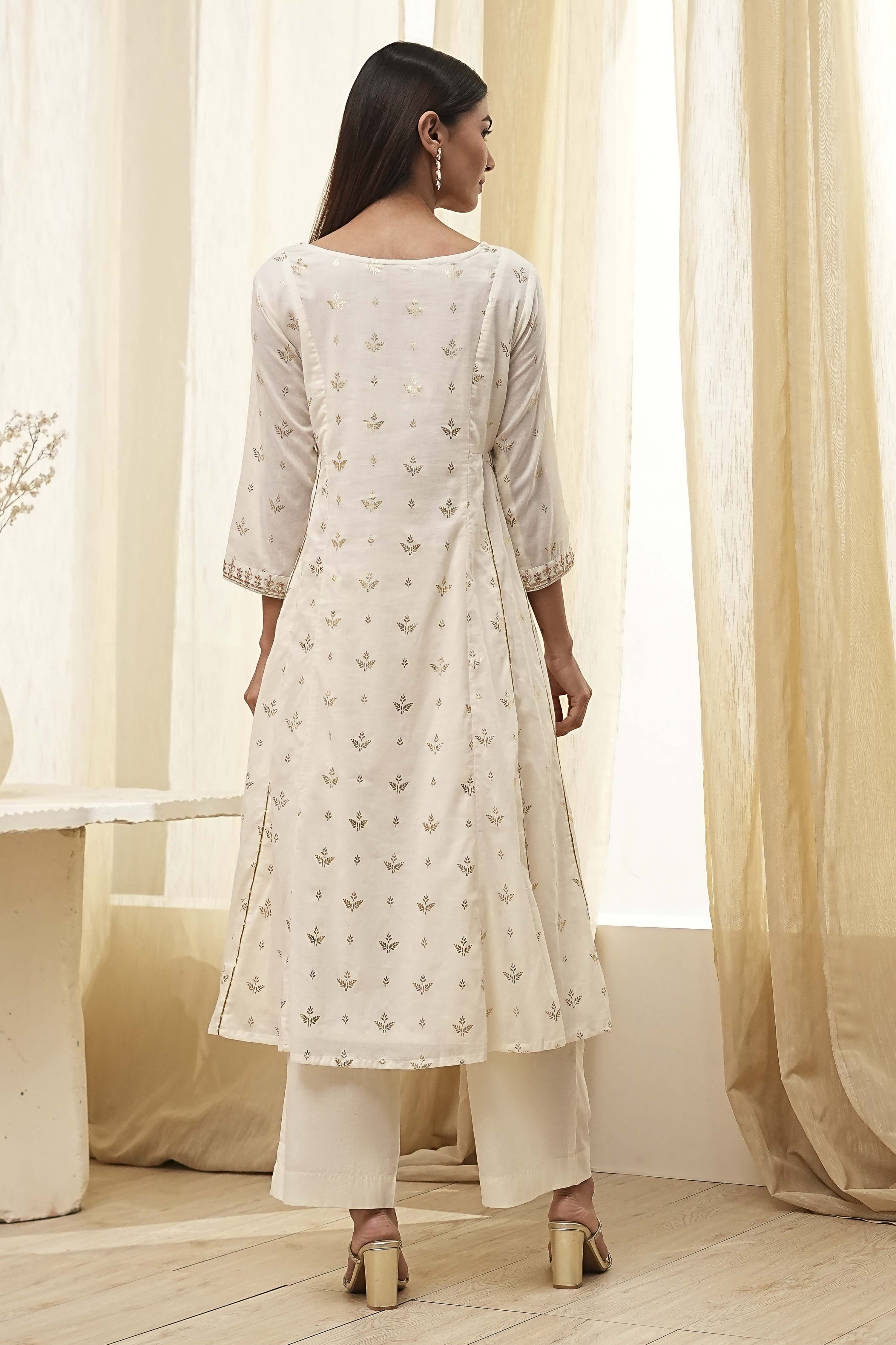 Cream-Colored Cotton Foil Printed Kalidar Suit Set image number 4