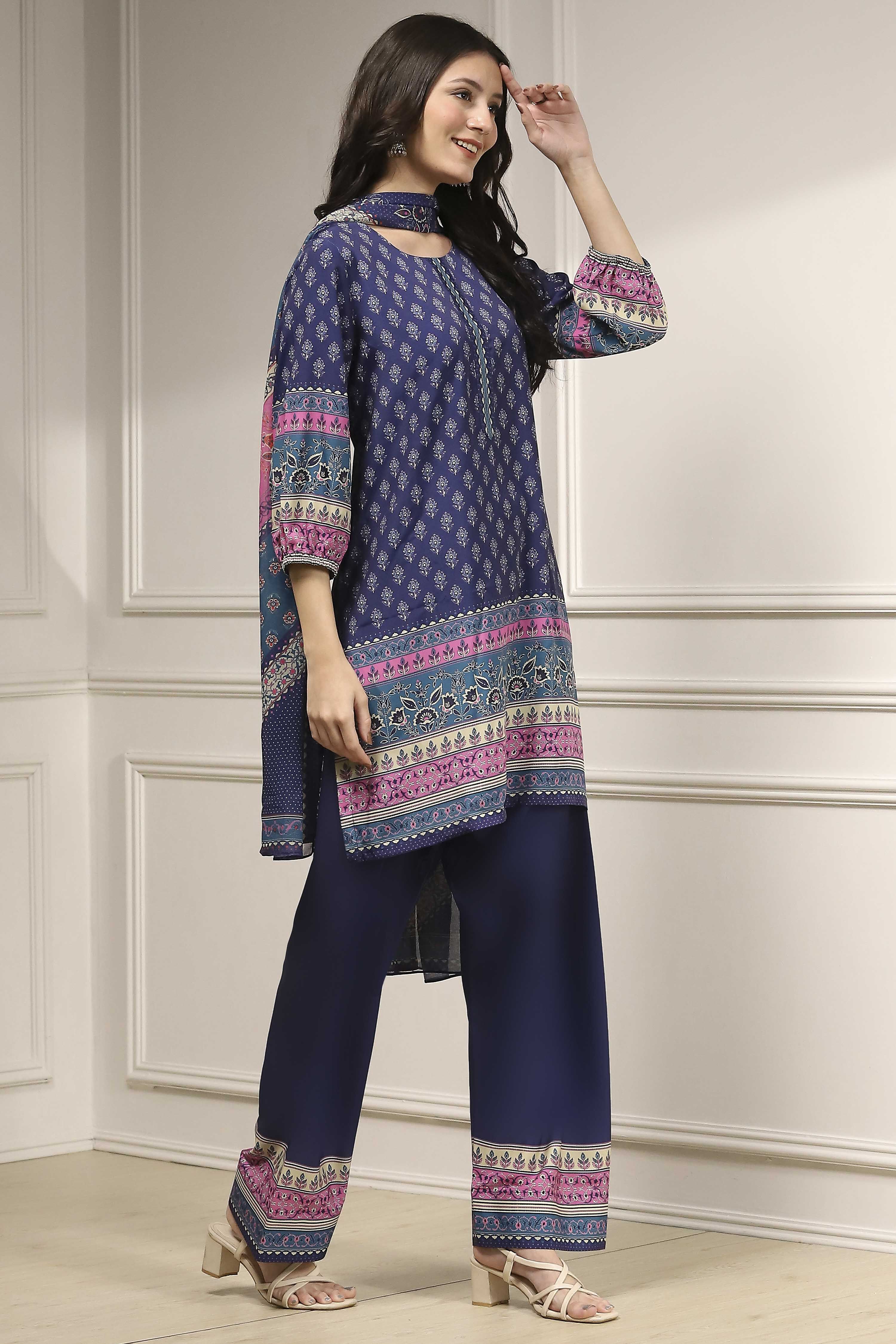 Blue Printed Straight Suit Set image number 5