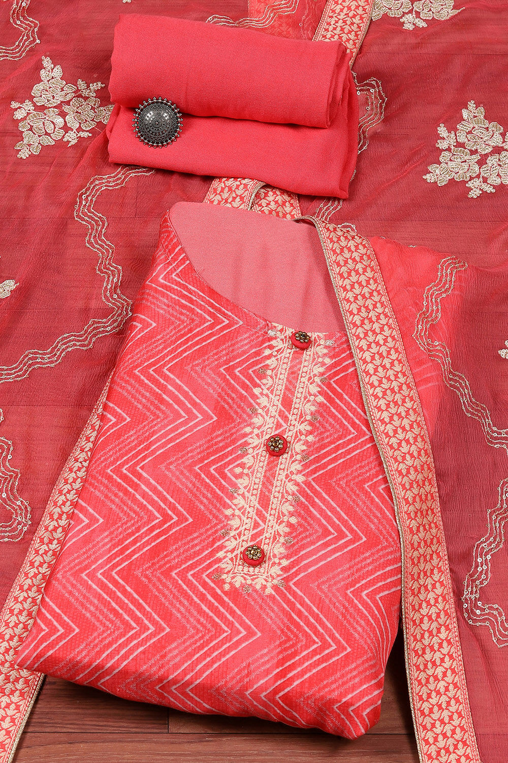 Pink Linen Blend Digital Print Unstitched Suit Set image number 0