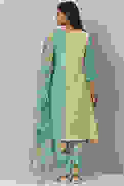 Sea Green And Pale Yellow Poly Viscose Asymmetric Kurta Pant Suit Set image number 4