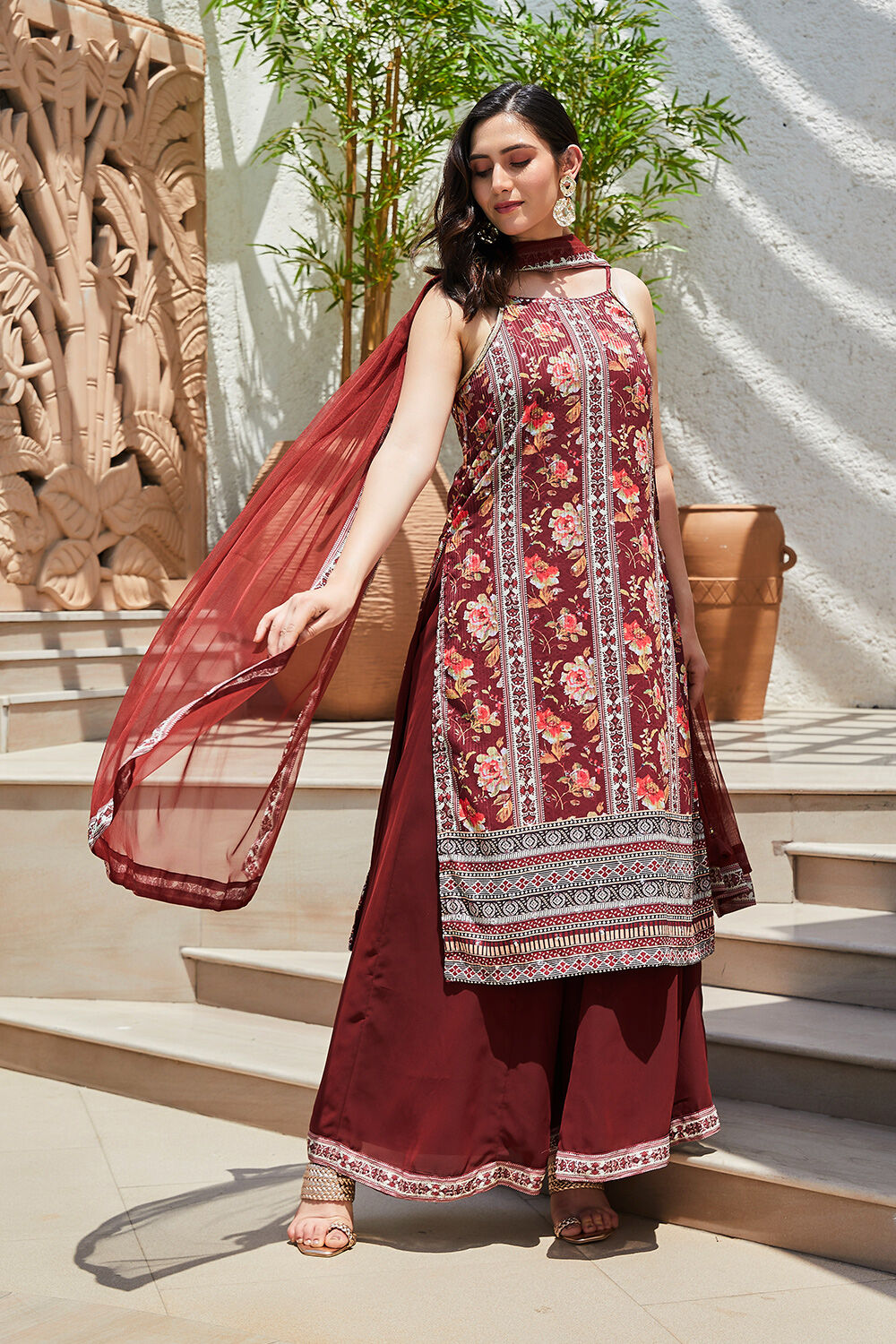 Maroon Printed Straight Kurta & Palazzo Suit Set image number 0