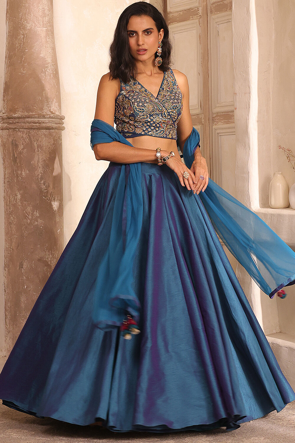 Teal Poly Dupion Silk Hand Zardozi Lehenga Set image number 6