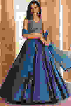 Teal Poly Dupion Silk Hand Zardozi Lehenga Set image number 6