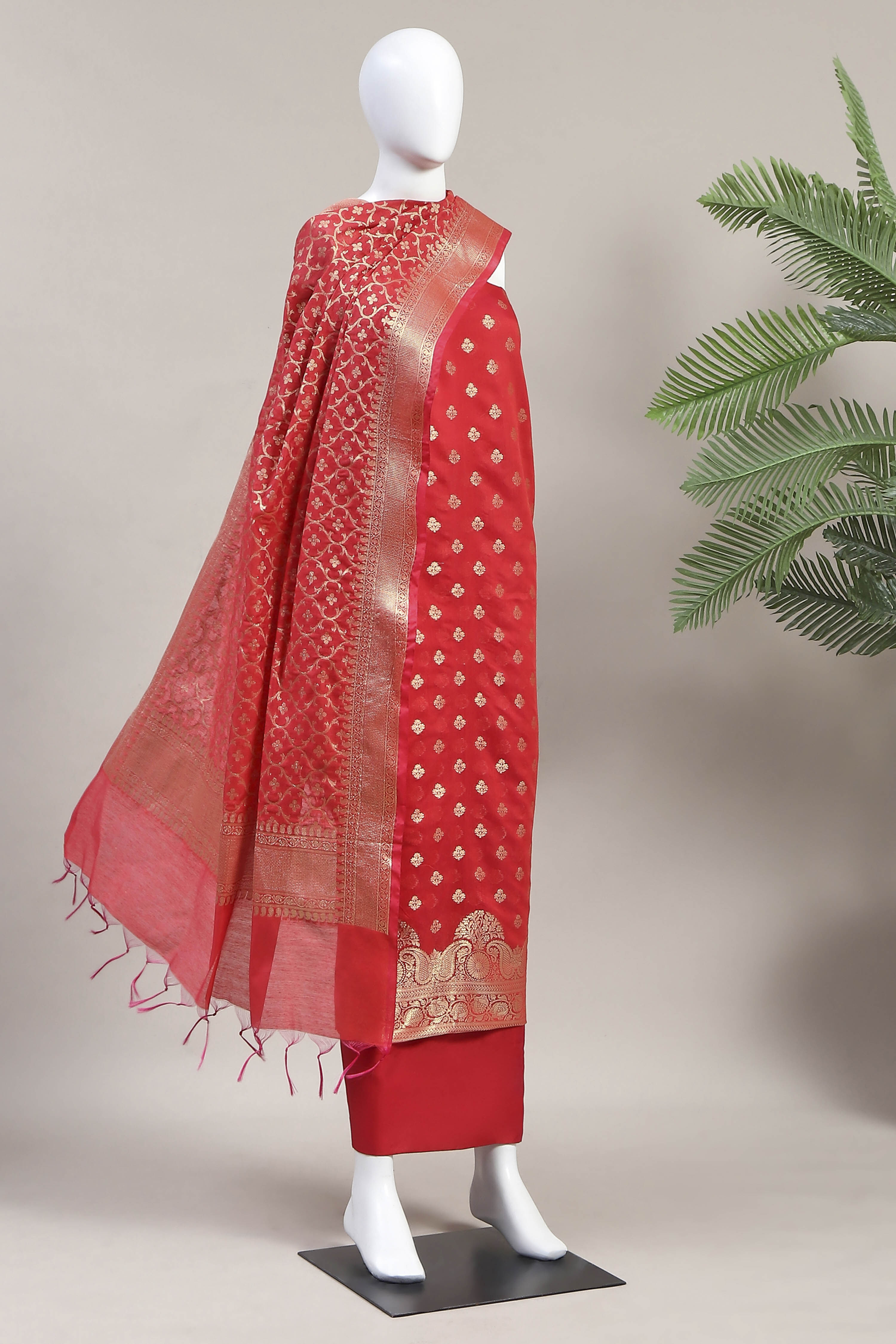 Red Cotton Printed Embroidered Unstitched Suit Set image number 4