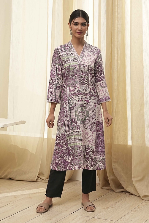 Plum and Off-White Printed Straight Kurta image number 5