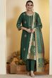 Green Poly Viscose Slub Embroidered Straight Kurta Set image number 7