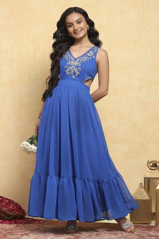 BIBA Polyester Solid Regular Festive Dress in Electric Blue