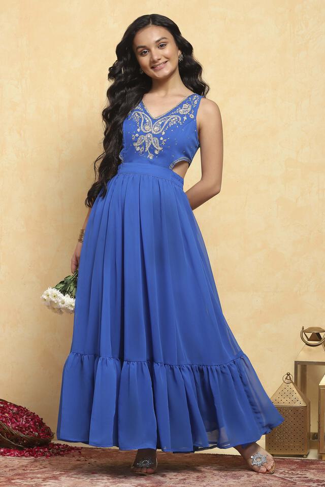 BIBA Polyester Solid Regular Festive Dress in Electric Blue