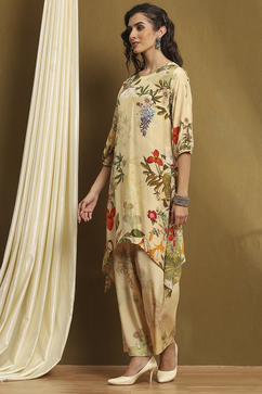 Ecru Modal Floral Printed Asymmetric Kurta Set image number 3