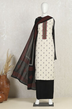 Cream-Black Flex Hand Block Print Unstitched Suit Set image number 4